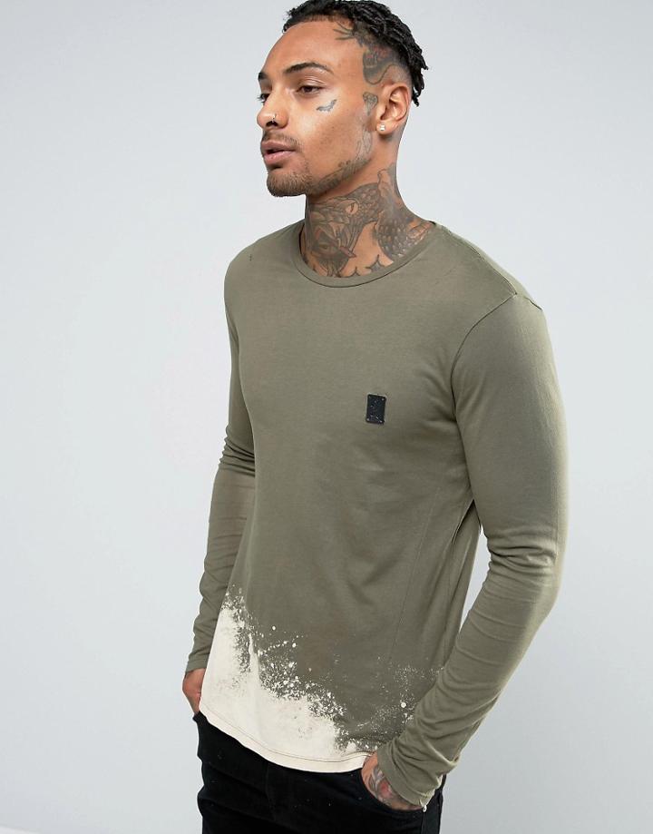 Religion Long Sleeve T-shirt With Bleached Out Curved Hem - Green