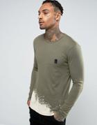 Religion Long Sleeve T-shirt With Bleached Out Curved Hem - Green