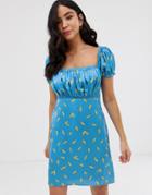Skylar Rose Square Neck Tea Dress With Ruched Bodice In Satin Print - Blue