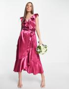 Little Mistress Bridesmaid Frill Wrap Dress In Fuchsia Pink
