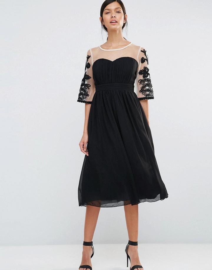 Little Mistress Skater Dress With Contrast Embroidered Sleeves - Black