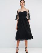 Little Mistress Skater Dress With Contrast Embroidered Sleeves - Black