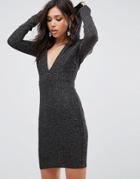 Club L Glitter Plunge Front Bodycon Dress With Hood - Silver