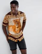 Asos Design Oversized Lion Placement Print Viscose Shirt With Revere Collar - Black