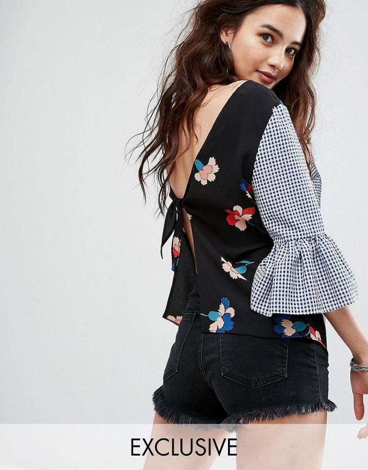 Reclaimed Vintage Inspired Tie Back Top In Mixed Floral And Gingham - Multi