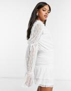 In The Style X Lorna Luxe Lace High Neck Tie Detail Smock Dress In White Floral-grey