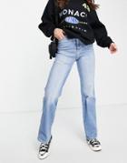 Dr Denim Moxy Sky High Straight Leg Jeans With Thigh Rip In Mid Blue