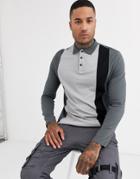 Asos Design Organic Long Sleeve Polo Shirt With Vertical Color Block In Gray-black