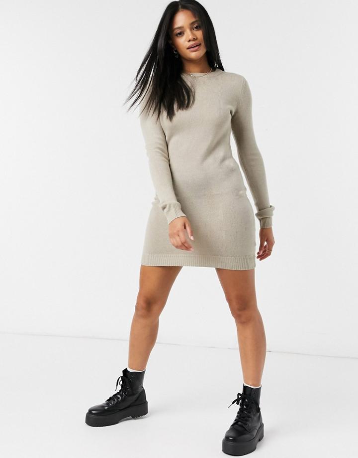 Brave Soul Grunge Crew Neck Sweater Dress In Stone-neutral