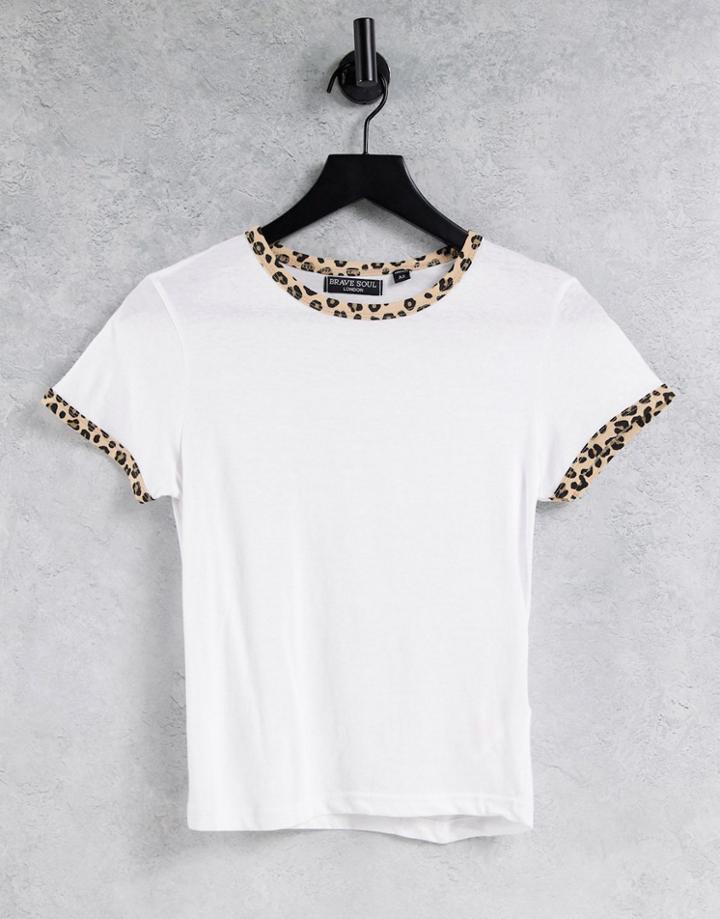 Brave Soul Claudine Leopard Trim Ringer T-shirt-white