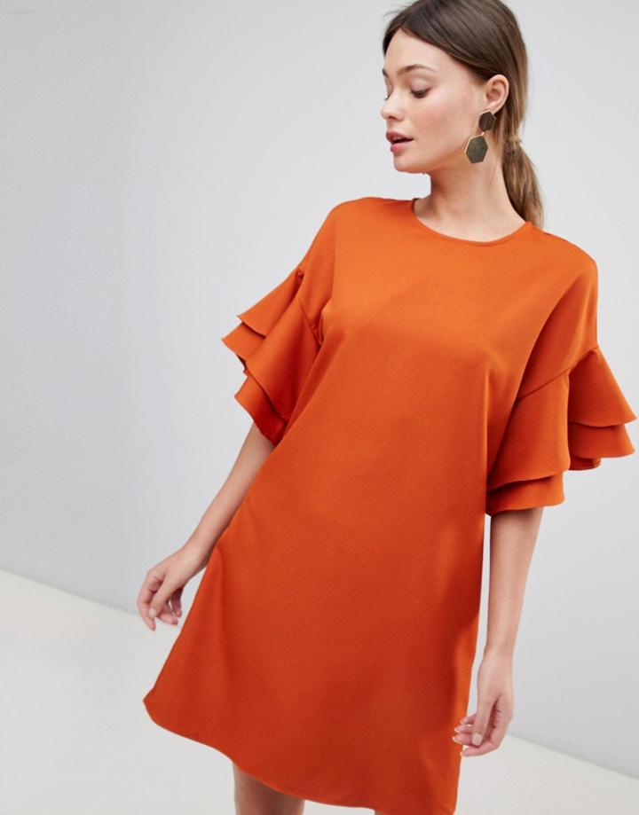 Parisian Shift Dress With Frill Sleeve - Red