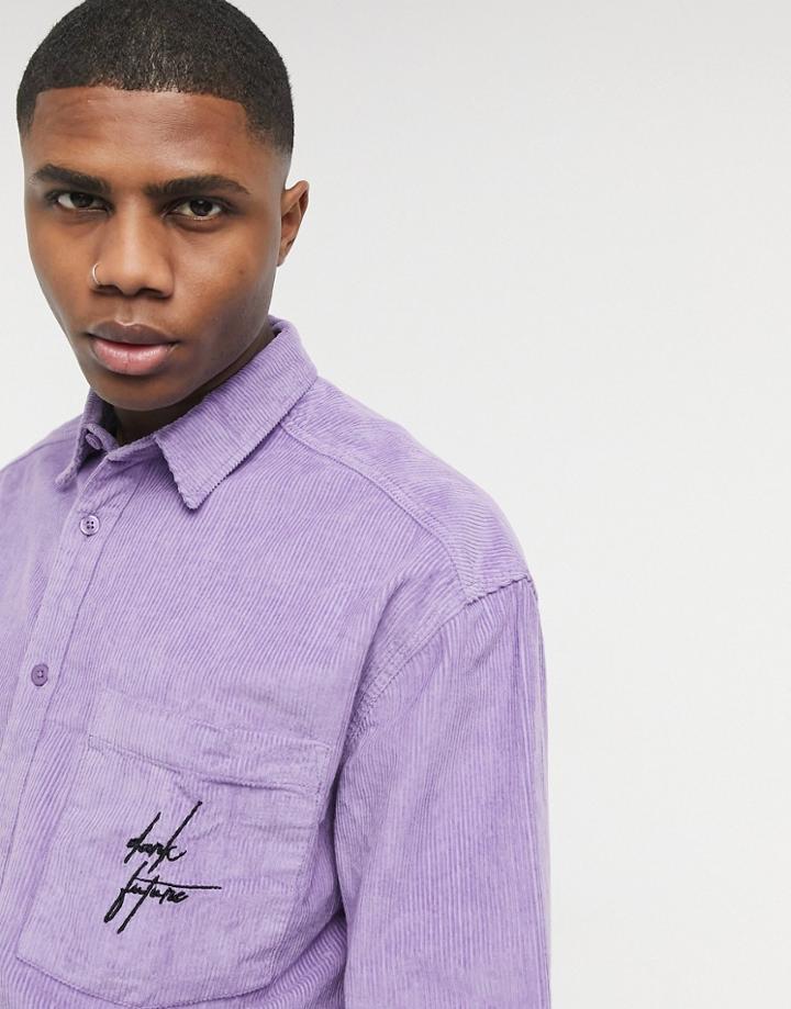 Asos Dark Future '90s Oversized Chunky Cord Shirt With Embroidery Detail-purple