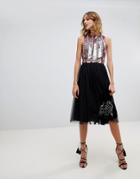 Lace & Beads Tulle Midi Skirt In Black - Black