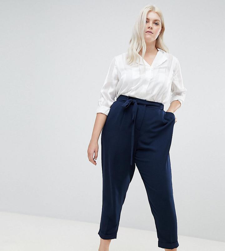Asos Design Curve Woven Peg Pants With Obi Tie - Navy