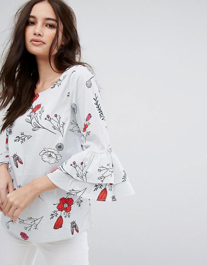 Vila Floral Ruffle Print Top - Gray