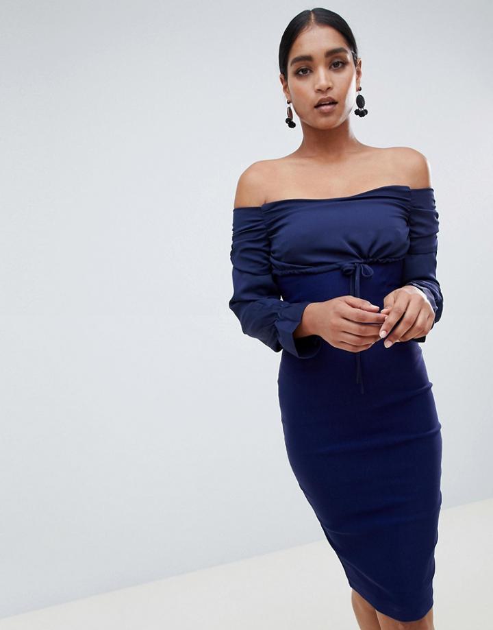 Vesper Long Sleeve Bardot Dress With Tie Detail - Navy