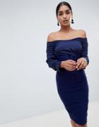 Vesper Long Sleeve Bardot Dress With Tie Detail - Navy