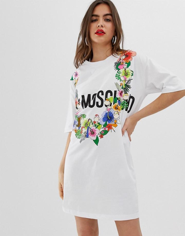 Love Moschino Tropical Floral Print Logo T-shirt Dress - White
