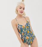 Monki Cross Back Swimsuit In Pink Jungle Print - Pink