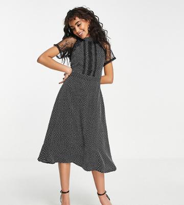 Liquorish Petite A Line Midi Dress In Lace Polka Dot Black