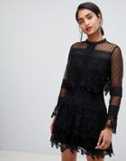 Chi Chi London Lace Skater Dress With Sheer Sleeves In Black - Black