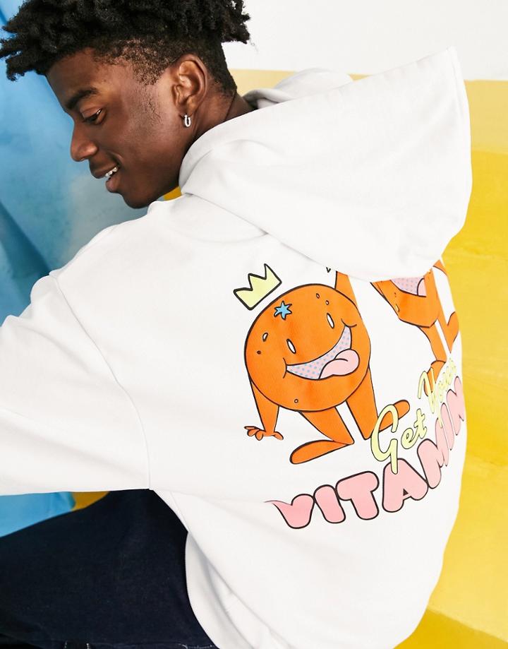 Crooked Tongues Oversized Hoodie With Graphic Orange Print In White
