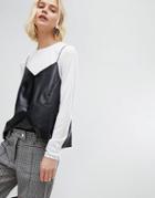 Pieces Jersey Top With Leather Look Cami - White