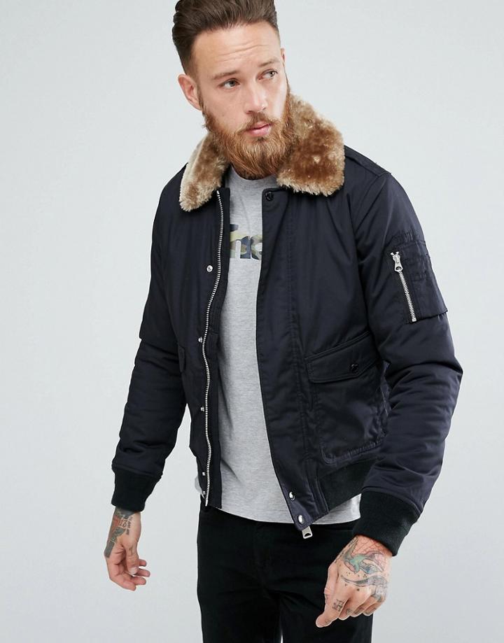 Schott Air Bomber Jacket Detachable Faux Fur Collar Slim Fit In Black/beige - Black