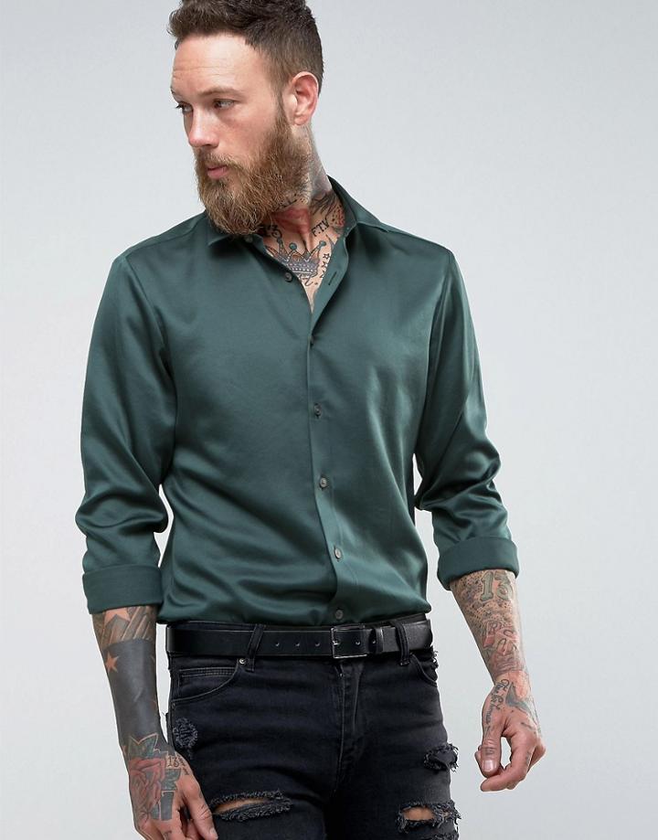 Asos Regular Fit Sateen Shirt In Teal - Green