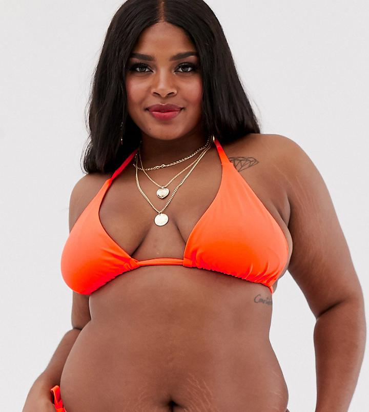 Asos Design Curve Sleek Triangle Bikini Top In Neon Orange