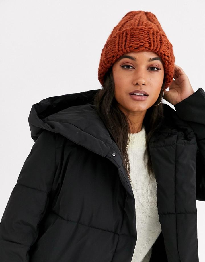 Asos Design Chunky Knit Beanie In Tobacco-brown