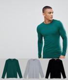 Asos Design 3 Pack Long Sleeve Muscle Fit Crew Neck T-shirt Save - Multi
