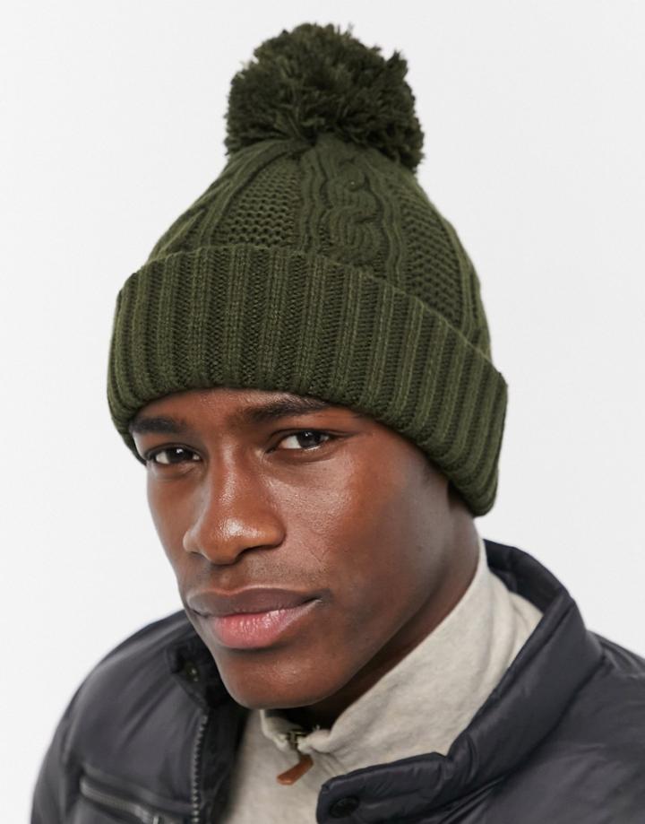 Asos Design Pom-pom Beanie In Khaki Cable Knit-green