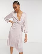 Tfnc Bridesmaid Satin Long Sleeve Wrap Front Midi Dress In Mink-pink