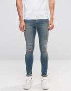 Asos Extreme Super Skinny Jeans With Knee Rips In Mid Wash - Blue