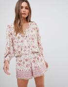 En Creme Sleeved Button Up Romper With Waist Band - Multi