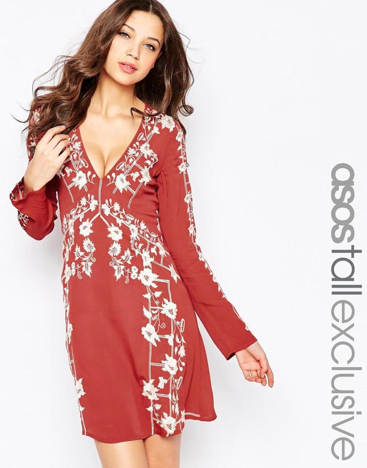 Asos Tall Swing Dress With Embroidered Trims - Multi