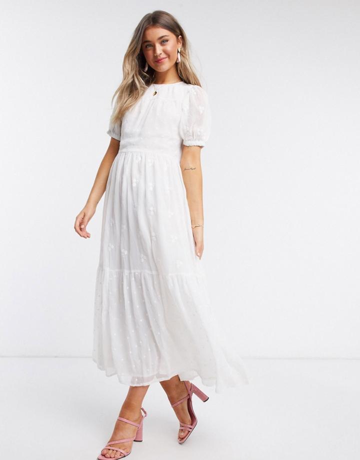 Asos Design Mixed Embroidery Tiered Maxi Dress With Open Back In White