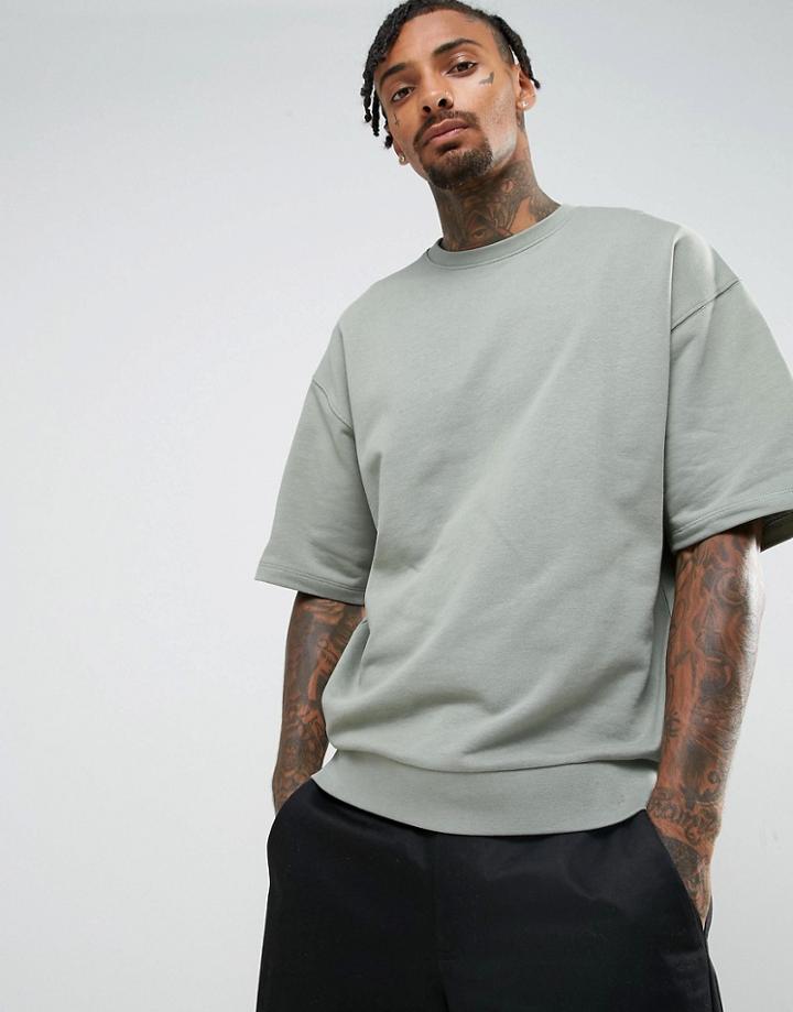Asos Oversized Short Sleeve Sweatshirt In Washed Green - Green