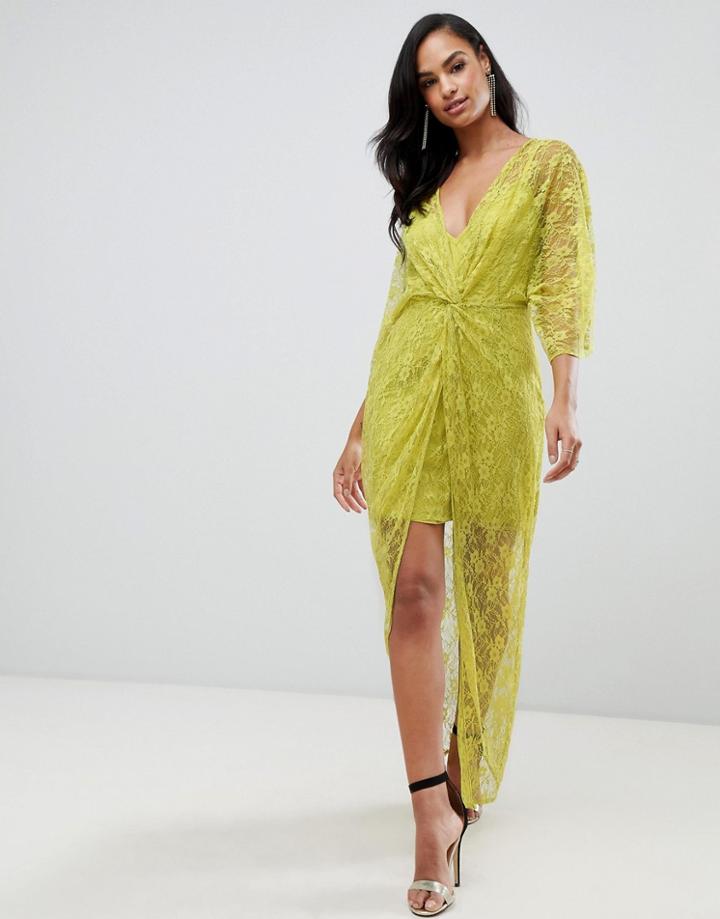 Asos Design Lace Knot Front Kimono Maxi Dress - Green