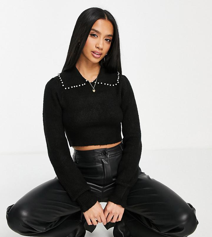 Miss Selfridge Petite Pearl Trim Knit Sweater In Black
