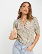 Vila Blouse In Pastel Floral With Pink Squiggle Collar Detail-multi