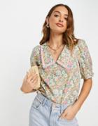 Vila Blouse In Pastel Floral With Pink Squiggle Collar Detail-multi