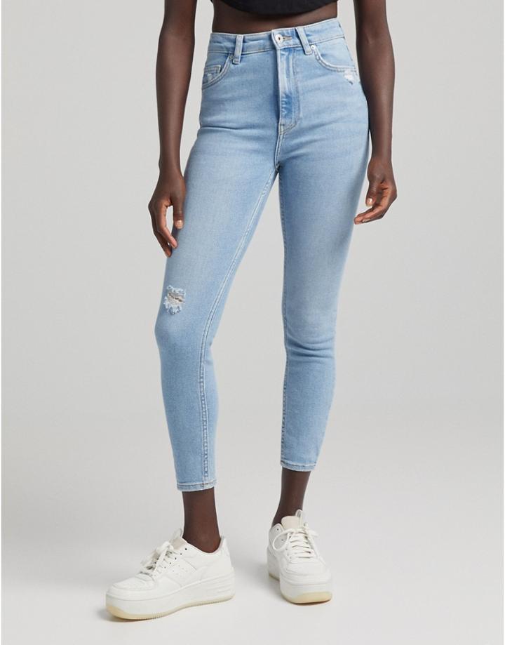 Bershka Super High Waist Skinny Jean In Vintage Blue-blues