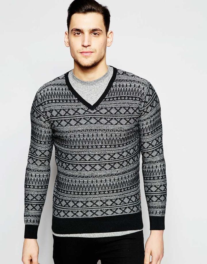 Scotch & Soda V-neck Jacquard Knitted Sweater - Gray