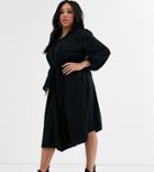 Asos Design Curve Button Through Midi Shirt Dress With Ruched Waist In Black