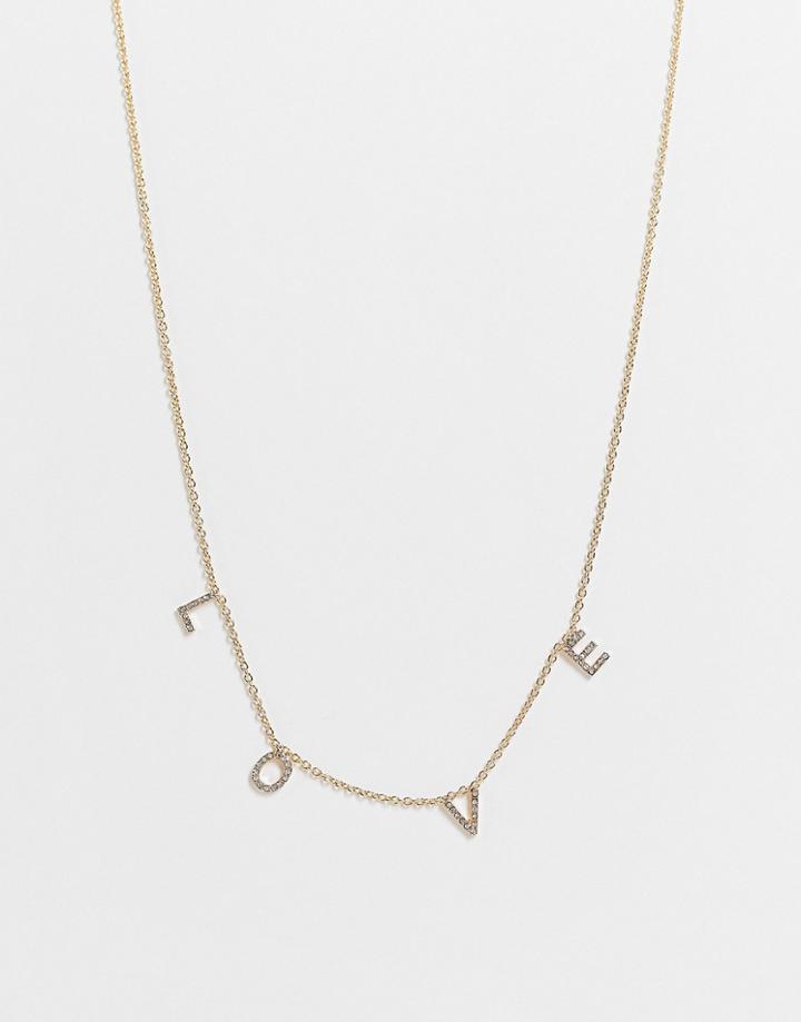 Asos Design Necklace With Love Letters In Fine Crystal Gold Tone