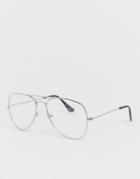 Asos Design Aviator Glasses With Clear Lens In Silver