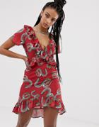 Sacred Hawk Tea Dress With Frill Detail In Snake - Red