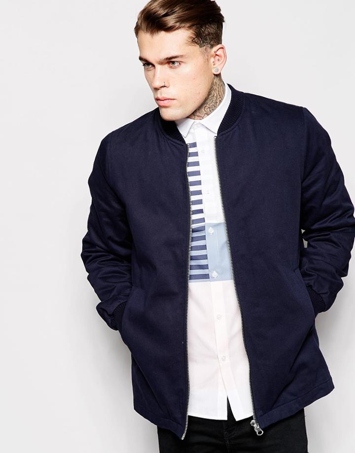 Asos Longline Bomber Jacket In Navy - Navy